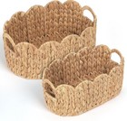 Scalloped Wicker Basket  Set Of 2 Hand-woven Natural Rattan Baskets With Buil   
