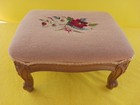 Vtg Mcm Footstool Carved Wood Stool Bench Needlepoint Embroidery Florals