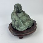 Vintage  Laughing Buddha Cast Bronze Green Patina Statue W  Wood Stand