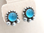 Vintage Taxco Mexican 980 Sterling Silver Blue Glass Clip On Earrings    Mexico