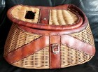 Vtg Wicker Fishing Creel Trout Basket Leather Trim British Hong Kong Ruler Fish