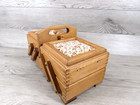 Vintage Small Wooden Accordion Sewing Box Fabric-top Lids With Notions