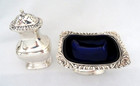 Silver Plated English Open Master Salt Cellar W  Cobalt Liner   Pepper Shaker