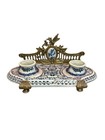 Antique Wong Lee Faience Double Inkwell Gilt Bronze Mounted Desk Set