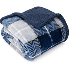 Reversible Navy Plaid Sherpa Fleece Throw Blanket Cozy Soft Warm Fabric New