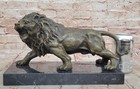 Bronze Sculpture Angry Hungry Male Lion Marble Base Figurine Art Deco Figure Lrg