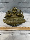 Vtg Antique Style Italian Ornate Cast Brass Eagle Face Desk Double Inkwell Ds03