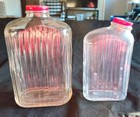 2 Milk Water Antique Vintage Ribbed Glass Bottles With Red Caps Anchor Hocking