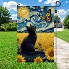 12 x18  Starry Night Cat Garden Flag - Black Cat With Butterfly And Sunflower   