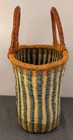 African Handmade Bolga Basket Woven Straw Striped Blue Orange Leather Handle