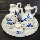 Vtg 12 Pc Miniature Tea Set Delft Blue Porcelain Doll House Dishes Japan