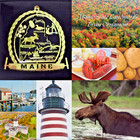 Maine Ornament Brass State Landmarks Travel Souvenir  Moose Acadia Leaves
