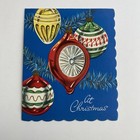 Vintage Mid Century Christmas Greeting Card Cute Indent   Striped Ornaments Blue