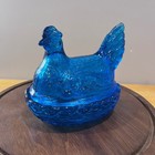 Vtg L e  Smith Capri Blue Glass Hen On Nest Covered Candy Dish Farmhouse  5 5 