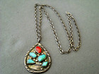 M Cheama Native American Turquoise Coral Cluster Sterling Silver Chain Necklace