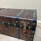 Antique Cabin Steamer Trunk 1900s Theo Lilley Leather Brass Studded Great