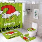 Christmas 4pcs Shower Curtain Set With Non-slip Mat toilet Lid Green-01