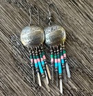 Southwestern Dangle Earrings Turquoise Coral Bead Fringe Vtg Sterling Silver  7