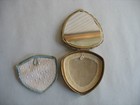 Vintage Triangular Guilloche Yellow Enamel Pink Roses Compact Powder Rouge