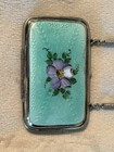 Antique Guilloche Enamel Wristlet Compact Mirror Vanity Turquoise Purple Rose