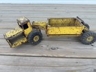 Vintage Pressed Steel Toy Tractor W Dump Trailer Yellow Patina Rubber Tires