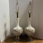 Vintage Hollywood Table Lamps Mcm White Floral Gold Leaf Design   Brass Base Set