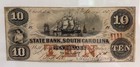  10 Bank Note From South Carolina State Bank  Charleston  1857  Obsolete Bill