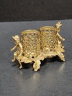 Vtg Filigree Lipstick 2 Tube Holder Mcm Hollywood Regency Vanity Gold Tone
