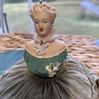 Vintage Chalkware Lady Half Doll Pin Cushion Depression Era Sage Satin Skirt