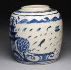 Antique 19thc  Chinese Fisherman Blue   White Decorated Ginger Tea Jar