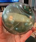 Antique Japanese Glass Fishing Float 15  Circ Green Blown Button Seal Nautical