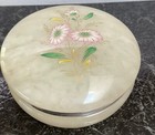 Vintage Round Hinged Alabaster Marble Trinket Box     Floral Design
