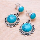 Sterling 925 Silver Round Turquoise Handmade Genuine Dangle Women Earrings