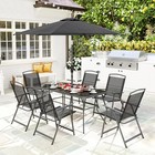 8pc Outdoor Patio Dining Set Furniture  6 Folding Chairs  Table  Umbrella  Black