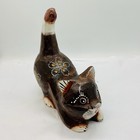 Vintage Stretching Cat Figurine Hand Carved   Painted Balinese Wood Folk Art Euc
