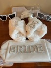 White Faux Fur Bridal Set  Bride Clutch  Slippers   Heart Sunglasses