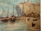 Gorgeous Antique Seascape Fishing Boats Ships Painting On Board English Coastal