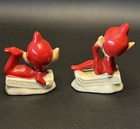 2 Vtg Pixie Elf Figurine In Red On Sleds 1950s Mcm Japan Ceramic 3  Kitschy
