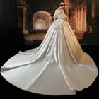 Luxury A-line Wedding Dress Boat Neck Short Sleeves Embroidery Satin Bridal Gown