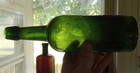 1870s Beautiful Moss Green 3 Pc Mold Blown Whiskey Bottle Applied Lip Dug