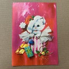 Vintage Mid-century Pink Christmas Card Kitten Santa Hat In Present Kitch 60s
