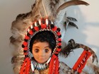 16  Vintage  Indian Male Doll W hand Made Crocheted Outfit Headress Ooak