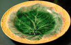 Antique Etruscan Majolica Plate Green Leaf Pink Border Yellow Basketweave 1880s