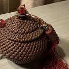 Vintage Small Round Wicker Woven Storage Basket W  Lid Handle  Brown red Tassel