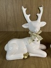 2 Vintage Ceramic Sitting Deer Reindeer White Gold Accents 8    Christmas Decor