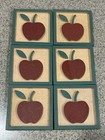 Vintage Square Wood Coasters Set W holder Crate Look Apples Red Green Vgc