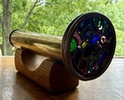 Vtg Chesnik-koch Stained Glass   Brass Dbl Wheel Kaleidoscope With Wood Stand