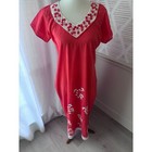 Vintage Small Red Kaftan Cotton Blend Puff Embroidery Handmade Maxi Day Dress