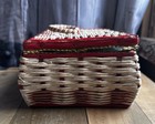 Vintage 9 x6  Wicker Red White Sewing Basket Box W green Satin Lining   Supplies