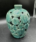 Ornate Ceramic Pottery Home Decor Flower Statue Turquoise Glazed Reticulated